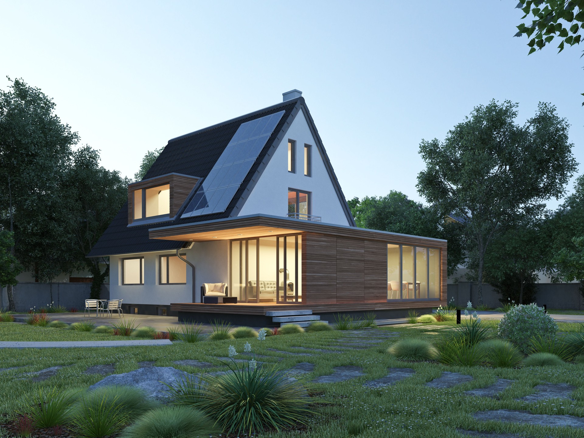 House with solar panels and a modern wooden extension